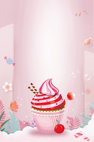 粉色甜美蛋糕甜点糖果花草泡泡海报背景板甜品背景